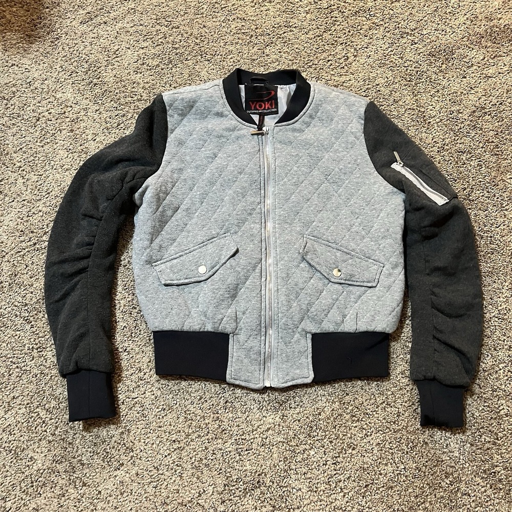 YOKI Outerwear Collection Quilted Knit‎ Zip Jacket Bomber Gray Junior Sz.XL(S-M)